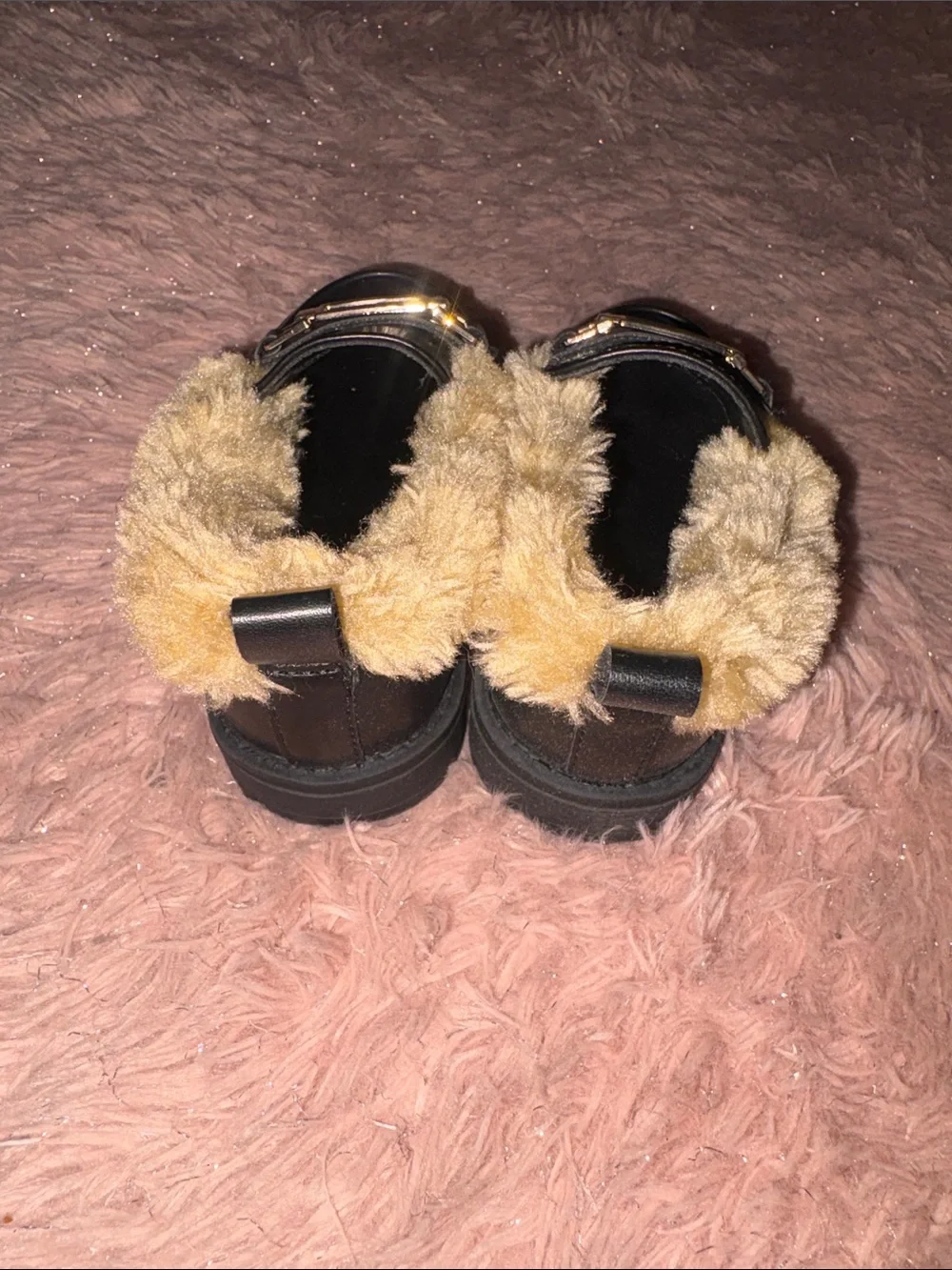 GAP Black Loafers with Yellow Faux Fur Trim and Gold Hardware